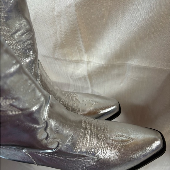 Silver Metallic Cowgirl Western Cowboy Chunky Heeled Boots Size 9 - Picture 5 of 12